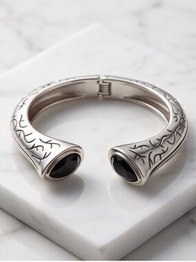 Ladies Silver Tone Engraved Vine Hinged Cuff
Bracelet with Black Stones NWOT